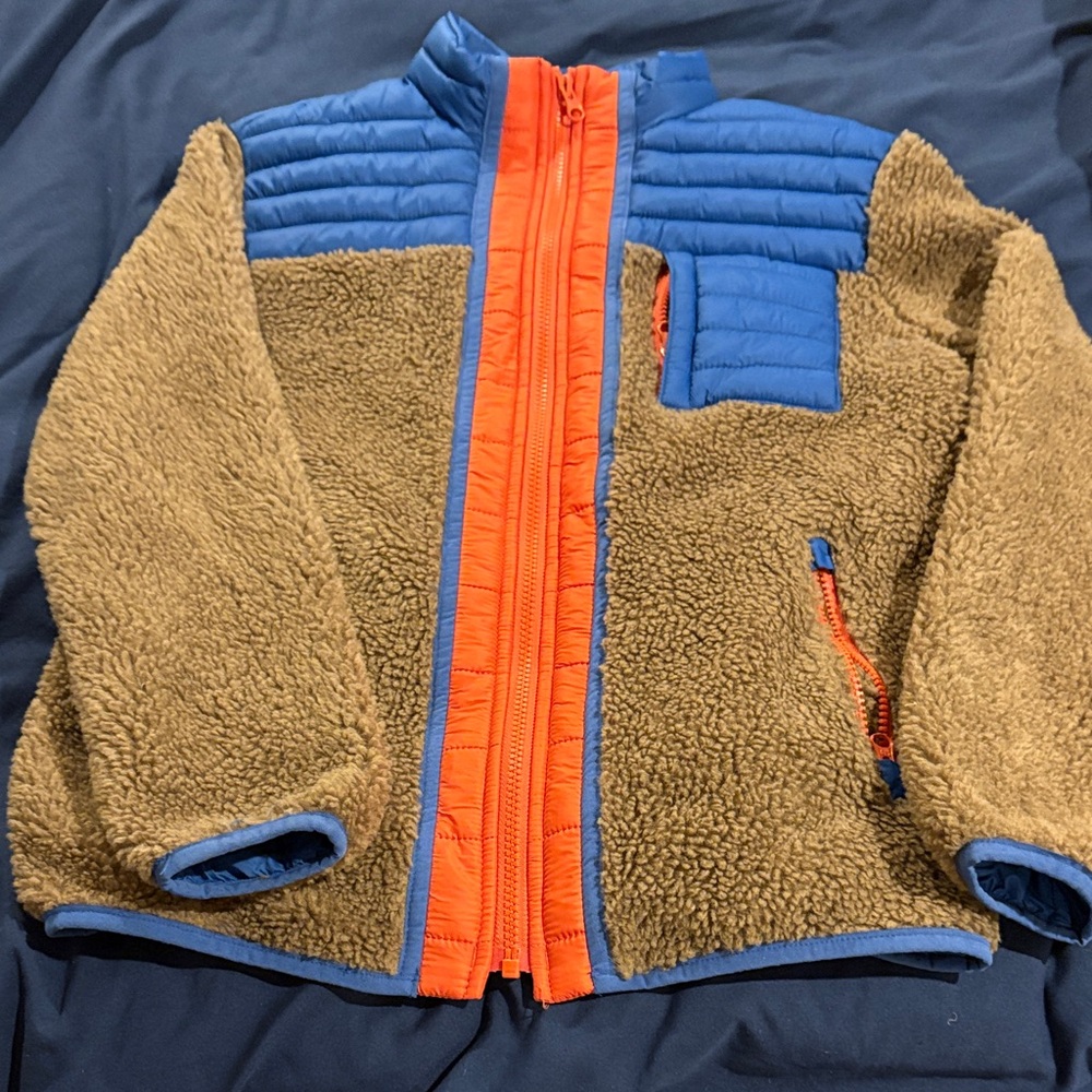 GAP Kids Brown and Blue Sherpa Jacket with Orange Trim